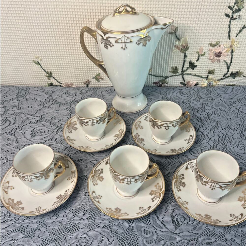 Antique C.S. Prussia Porcelain Chocolate Demitasse Set 11 Pc White Gold Art